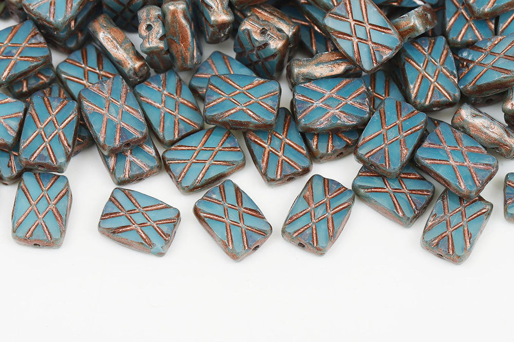 Grid Rectangle 12×8mm Opal Aqua Copper Finish 1-Hole Czech Beads