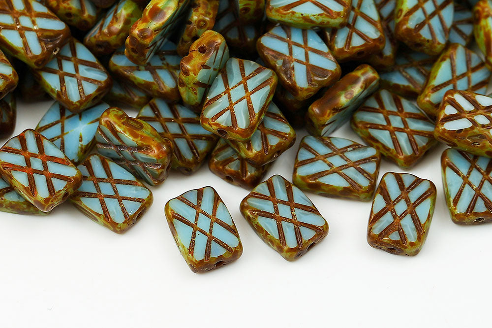Grid Rectangle 12×8mm Opal Green Travertin 1-Hole Czech Beads