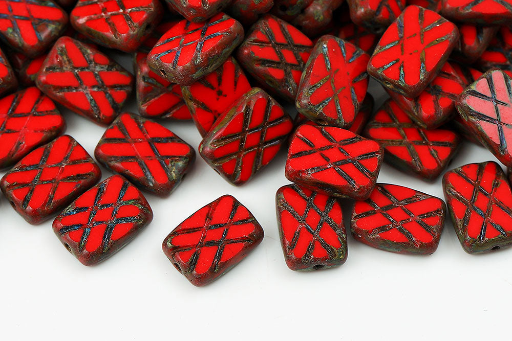 Grid Rectangle 12×8mm Opaque Red Travertin 1-Hole Czech Beads