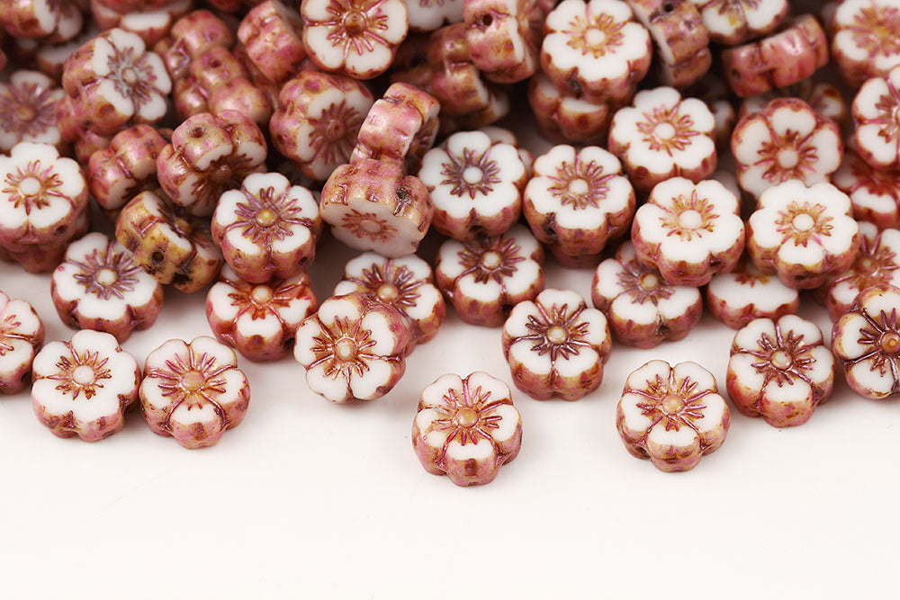 Hawaiian Flowers 10mm Chalk Pink Marble Finish 1-Hole Czech Beads