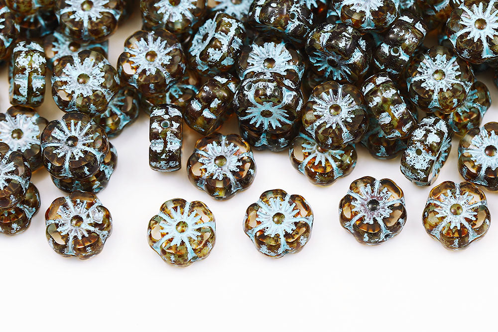 Hawaiian Flowers 10mm Crystal Travertin With Blue 1-Hole Czech Beads