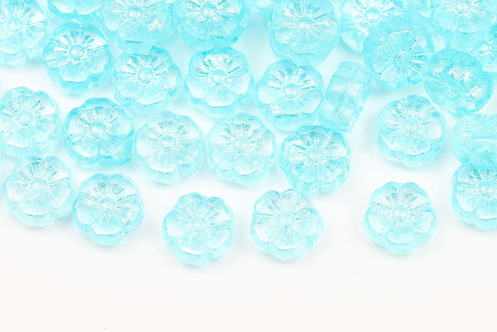 Hawaiian Flowers 10mm Frozen Aqua Matt 1-Hole Czech Beads