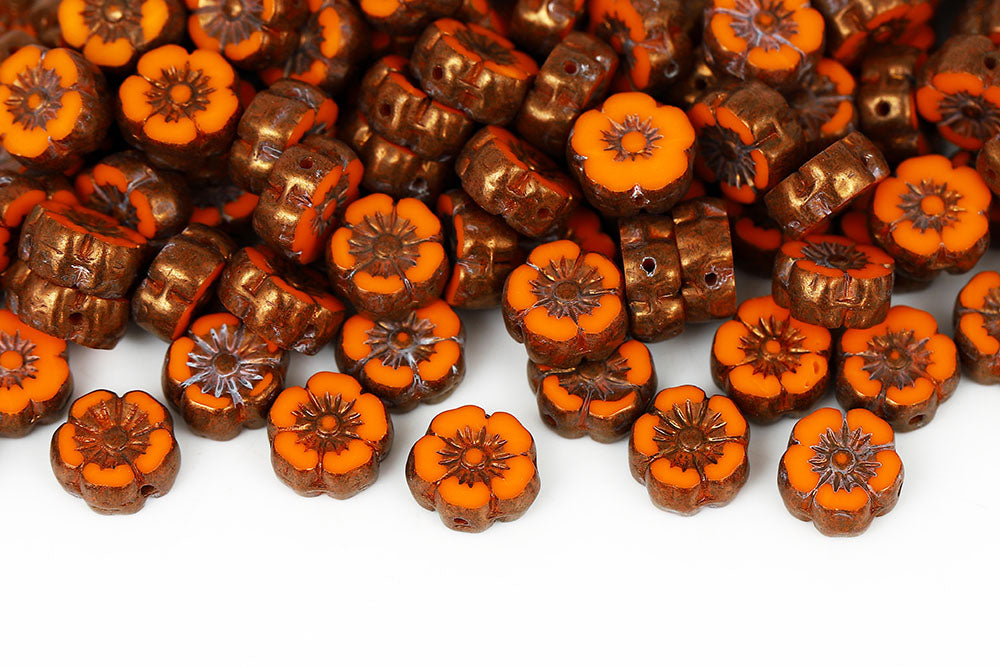 Hawaiian Flowers 10mm Opaque Orange Violet Luster 1-Hole Czech Beads