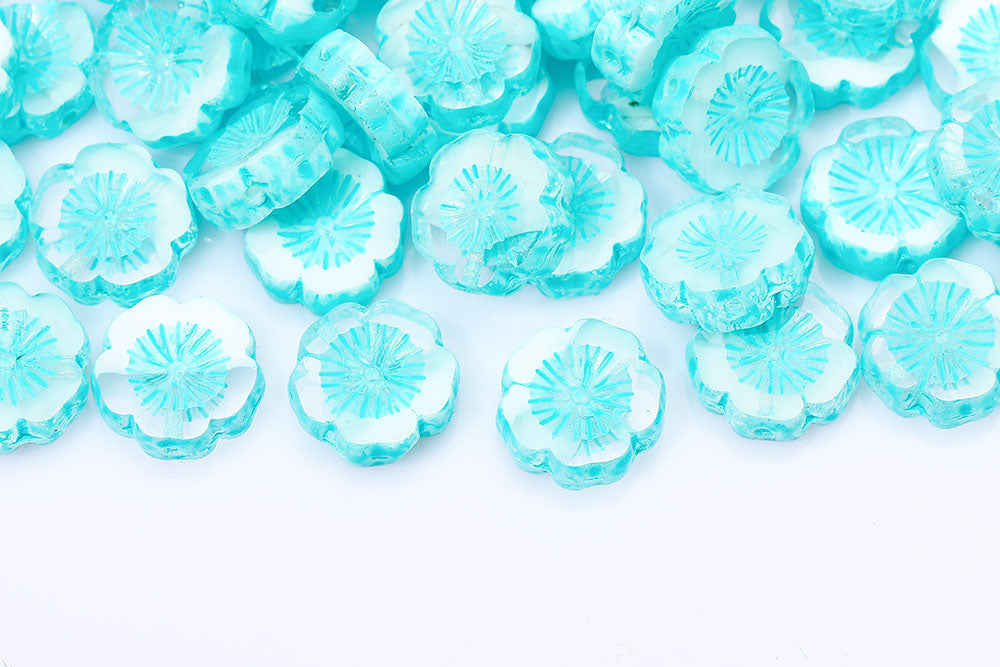 Hawaiian Flowers 14×14mm Chalk Mixed Aqua Finish 1-Hole Czech Beads