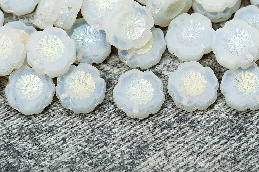 Hawaiian Flowers 14×14mm Opal White AB Full 1-Hole Czech Beads