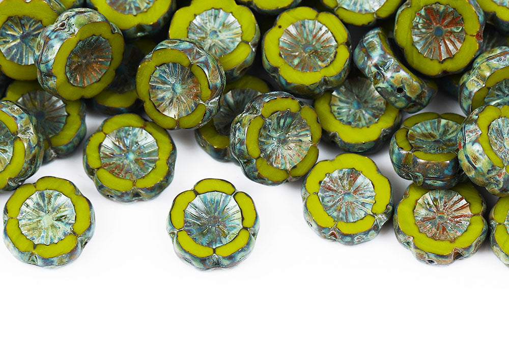 Hawaiian Flowers 14×14mm Opaque Green Travertin 1-Hole Czech Beads