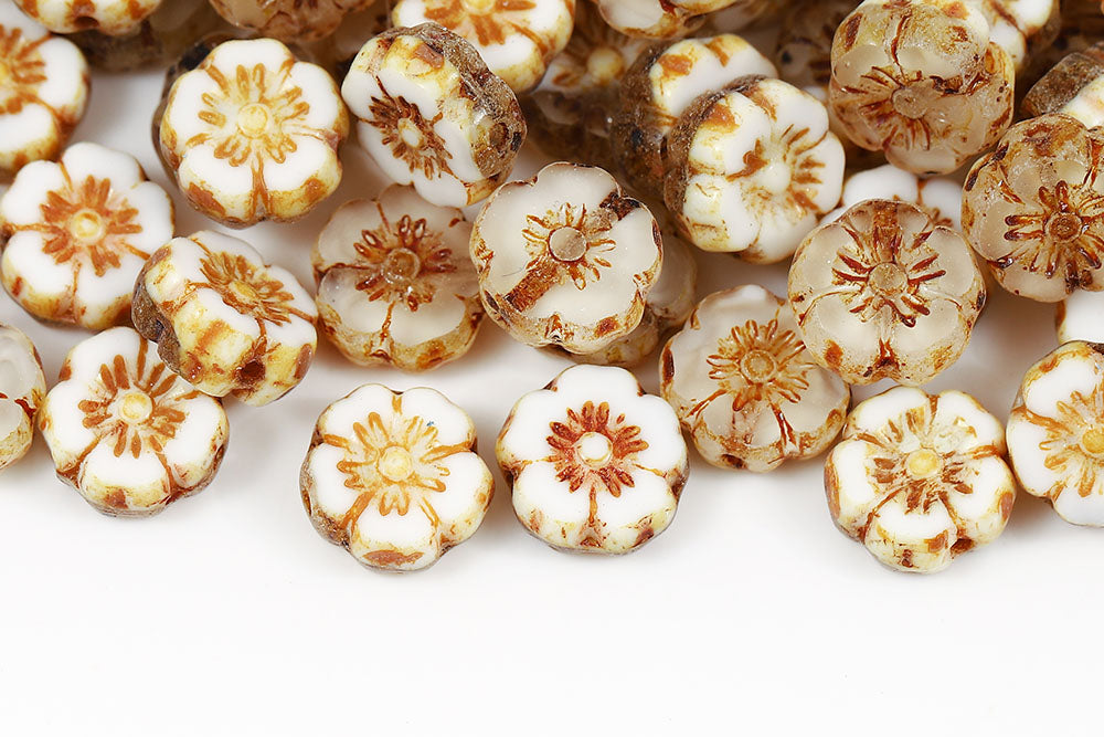 Hawaiian Flowers 8mm Crystal Chalk Travertin 1-Hole Czech Beads