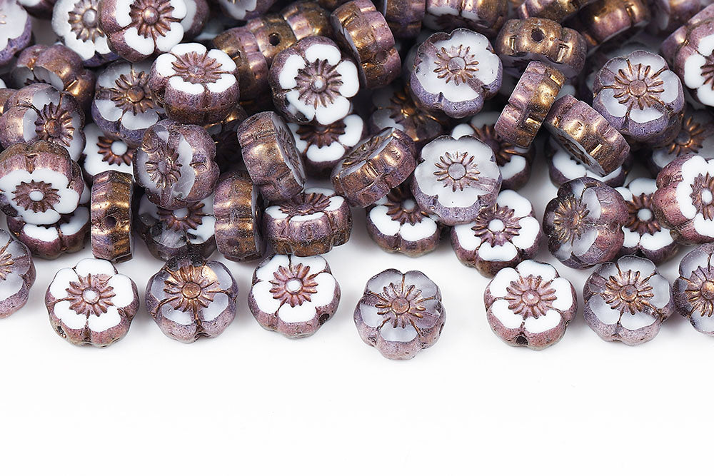 Hawaiian Flowers 8mm Crystal Chalk Violet Luster 1-Hole Czech Beads
