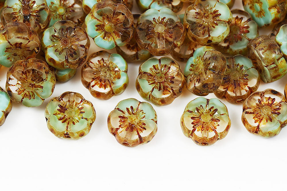 Hawaiian Flowers 8mm Crystal Green Mixed Travertin 1-Hole Czech Beads