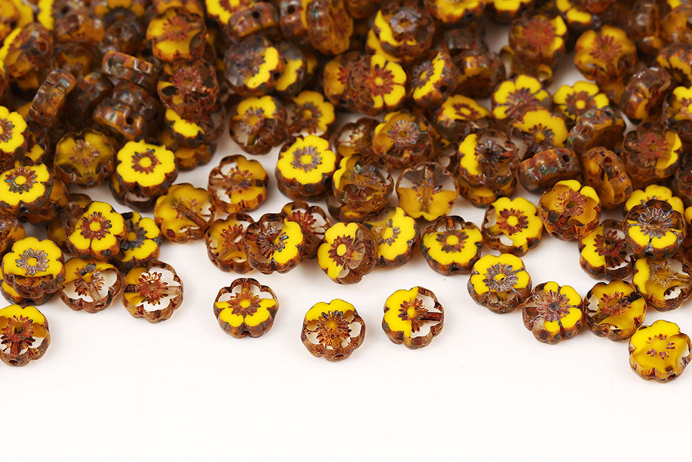 Hawaiian Flowers 8mm Crystal Lemon Travertine 1-Hole Czech Beads