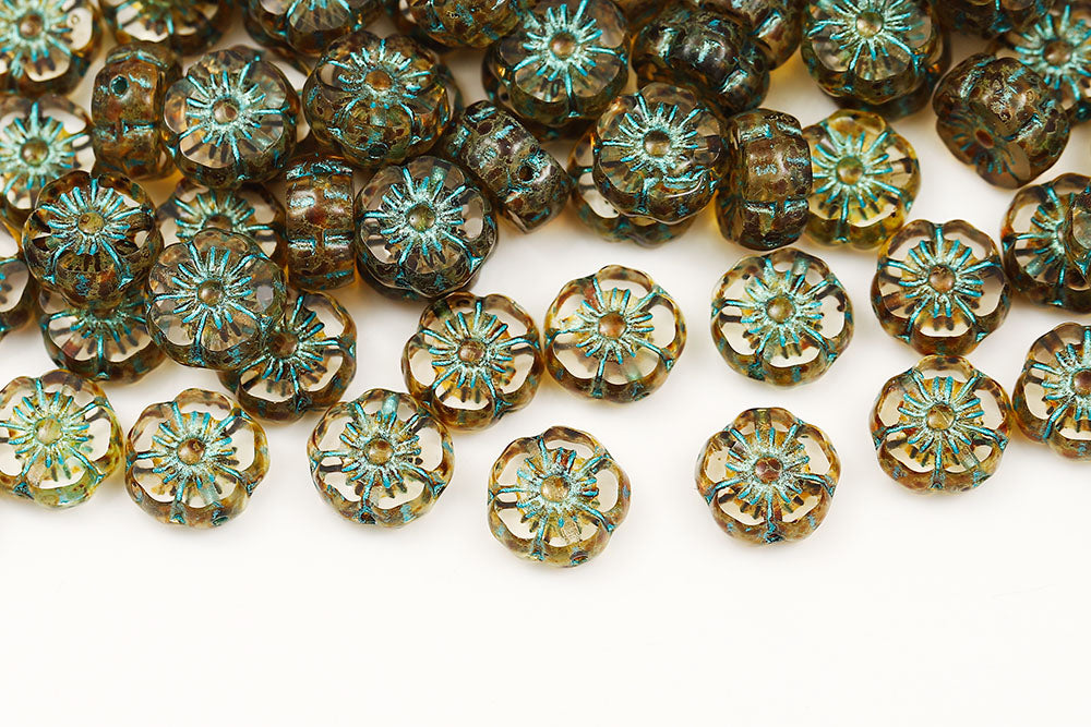 Hawaiian Flowers 8mm Crystal Travertine Metal Blue 1-Hole Czech Beads