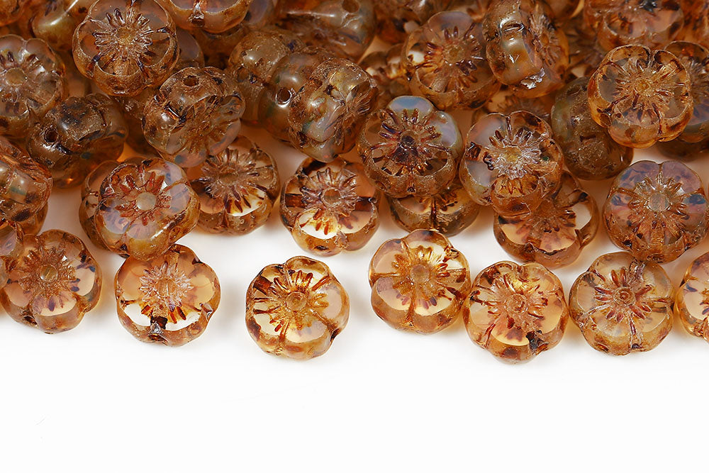 Hawaiian Flowers 8mm Opal Pink Mixed Travertin 1-Hole Czech Beads