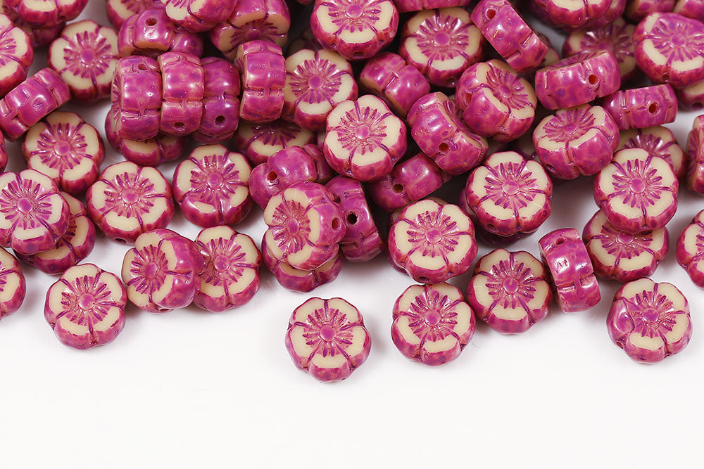 Hawaiian Flowers 8mm Opaque Ivory Rose Finish 1-Hole Czech Beads