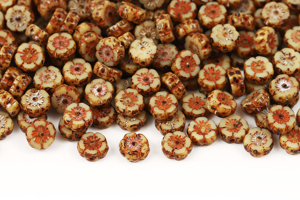 Hawaiian Flowers 8mm Opaque Ivory Travertine 1-Hole Czech Beads