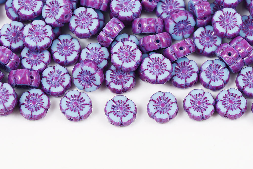 Hawaiian Flowers 8mm Turquoise Blue Purple Finish 1-Hole Czech Beads
