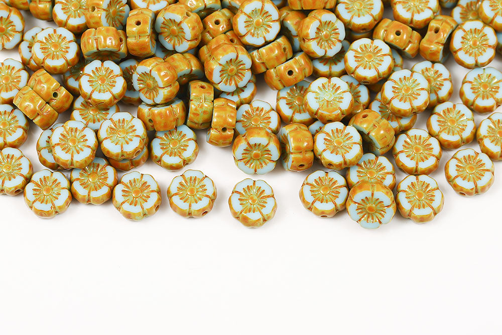 Hawaiian Flowers 8mm Turquoise Blue Yellow Finish 1-Hole Czech Beads
