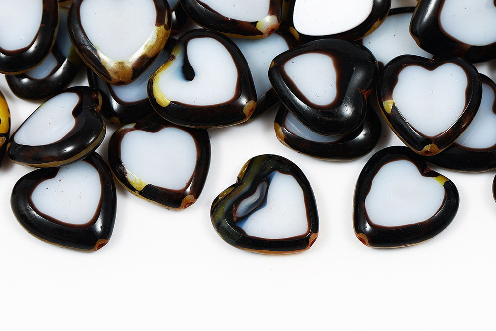 Heart 16×15mm Chalk Black Mixed Travertine 1-Hole Czech Beads