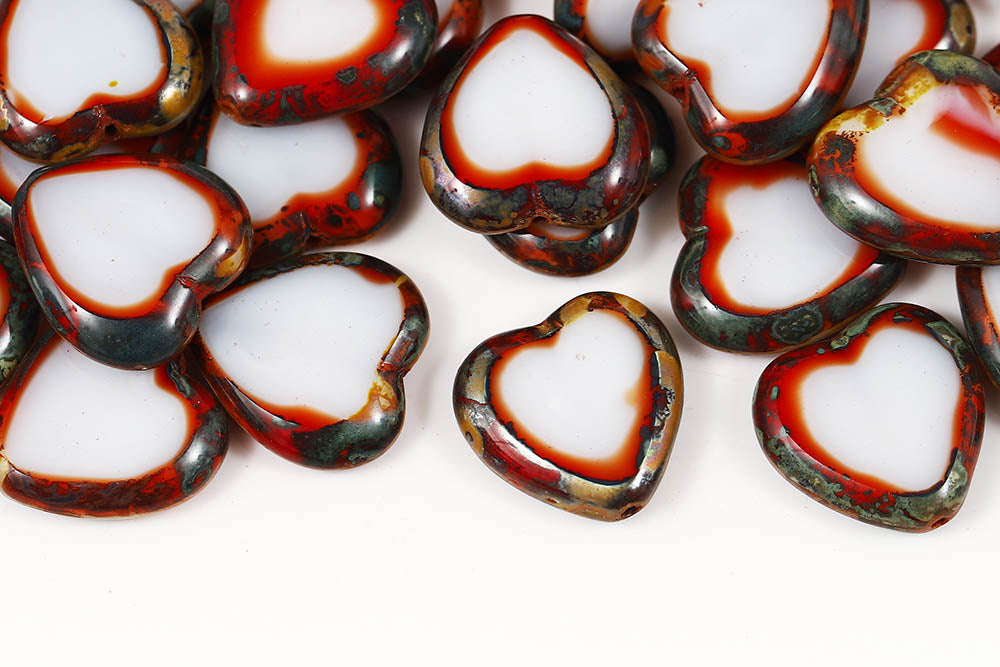 Heart 16×15mm Chalk Red Mixed Travertine 1-Hole Czech Beads