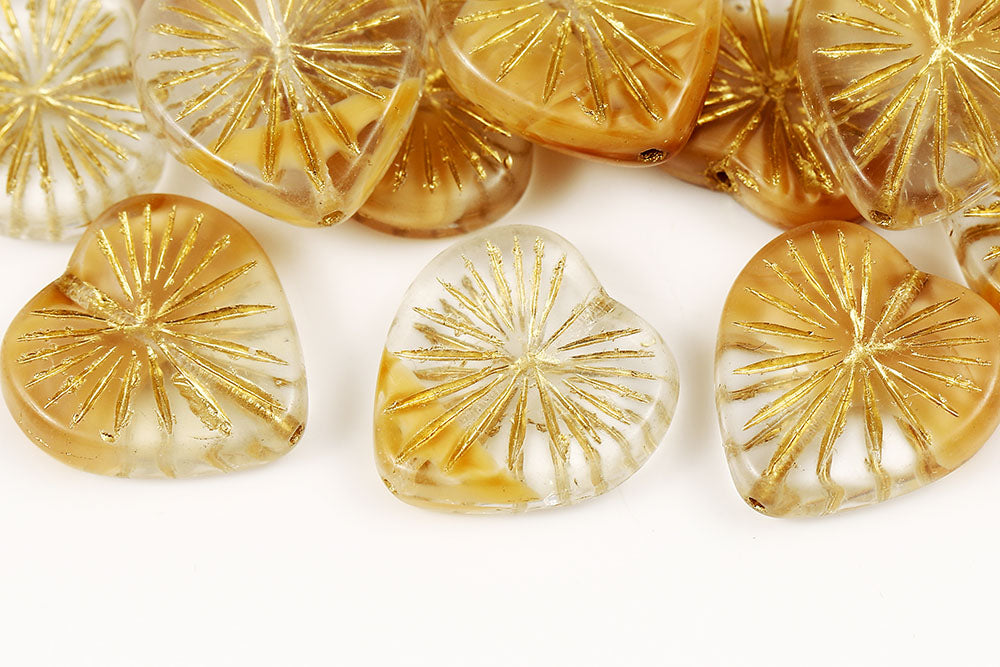 Heart 18mm Crystal Brown Mixed With Gold 1-Hole Czech Beads