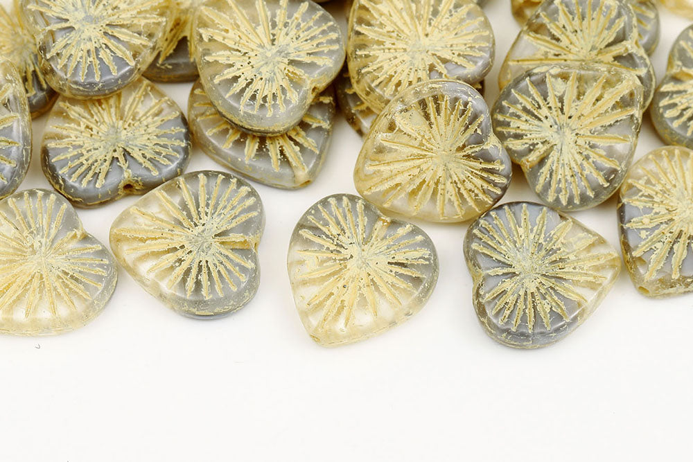 Heart 18mm Crystal Gray Mixed With Yellow Czech Beads