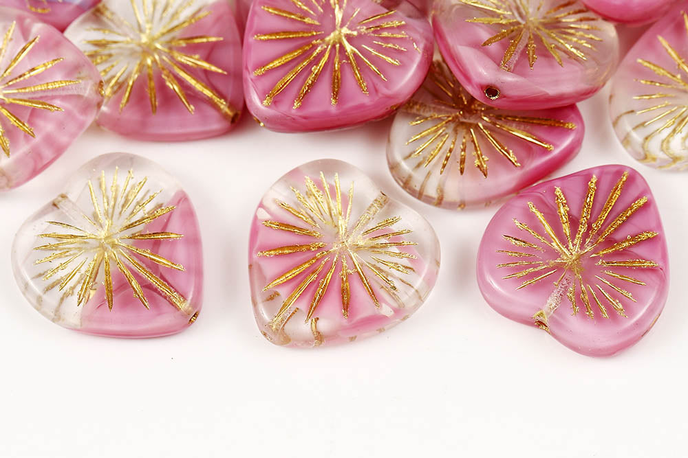 Heart 18mm Crystal Pink Mixed With Gold 1-Hole Czech Beads 