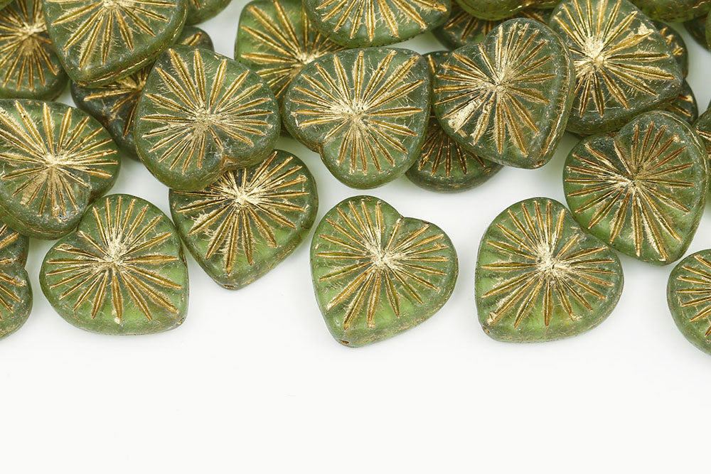 Heart 18mm Lt.Olivine With Gold Matt Czech Beads