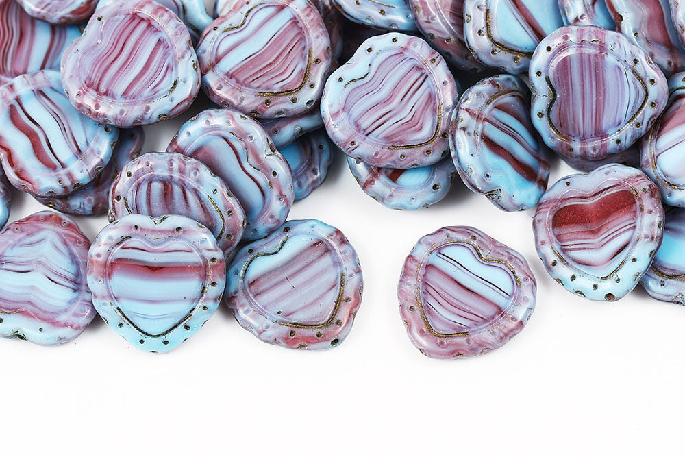Heart 18mm Opaque Aqua Red MIxed With Gold 1-Hole Czech Beads
