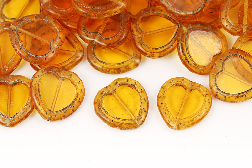 Heart 18mm Topaz With Gold 1-Hole Czech Beads