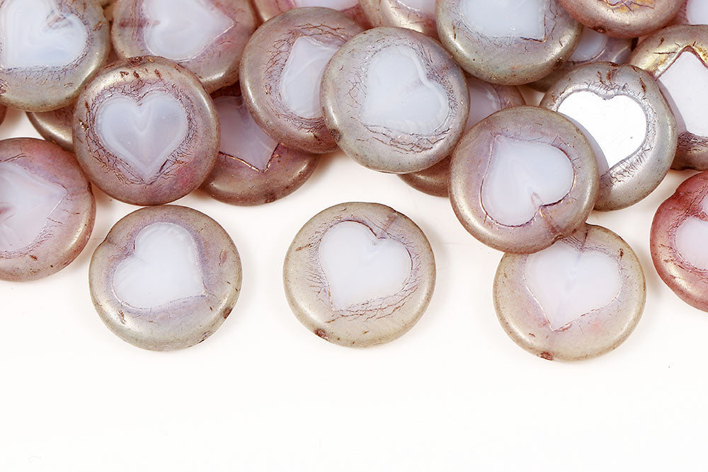 Heart Coins 17mm Opal White Pink Luster 1-Hole Czech Beads