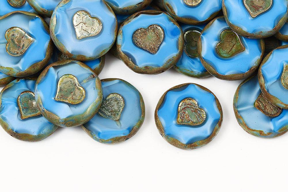 Heart Coins 21mm Silk Aqua Picasso 1-Hole Czech Beads