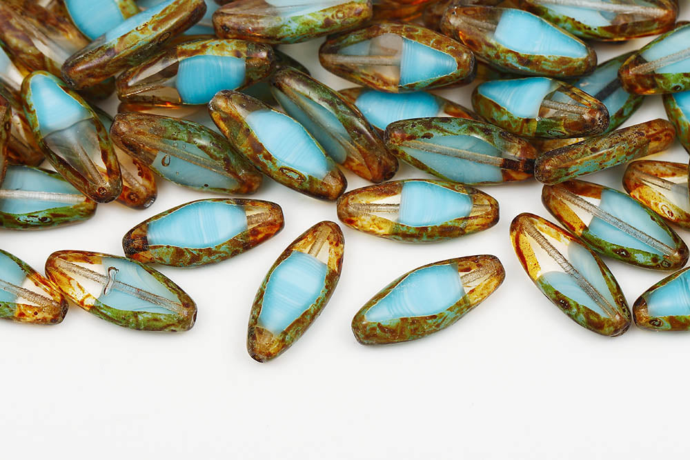 Horse Eye 20×8mm Crystal Aqua Mixed Travertine 1-Hole Czech Beads