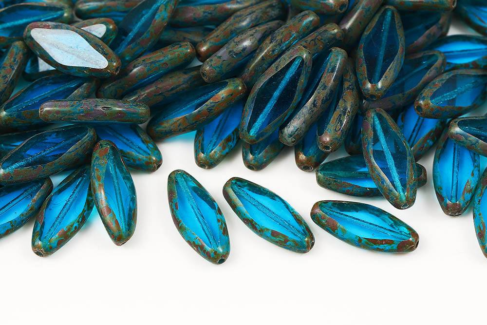 Horse Eye 20×8mm Dark Aqua Travertine 1-Hole Czech Beads