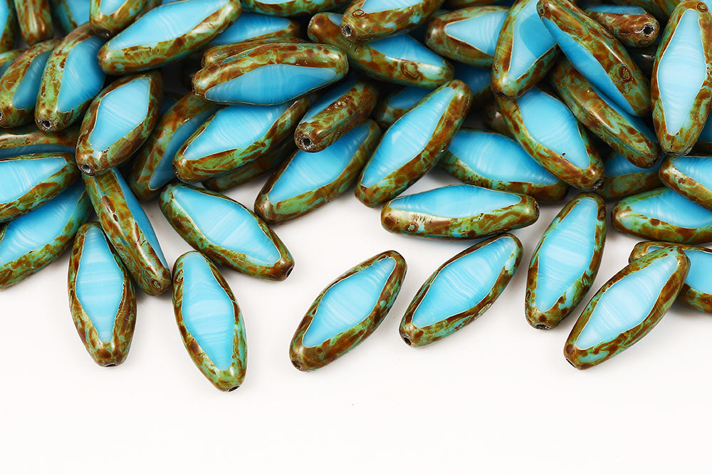Horse Eye 20×8mm Silk Blue Travertine 1-Hole Czech Beads