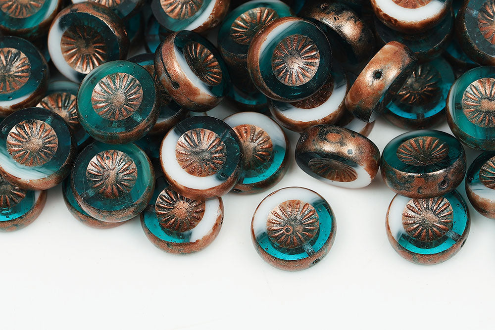 Kiwi Coins 12mm Chalk Emerald Mixed Copper Finish 1-Hole Czech Beads