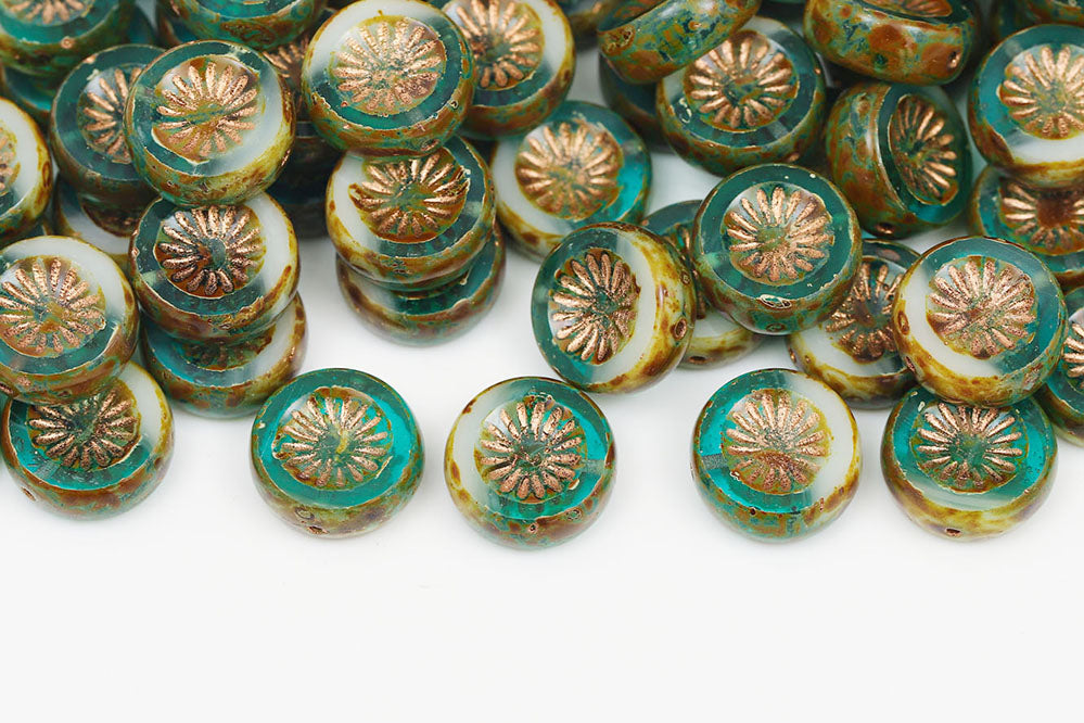 Kiwi Coins 12mm Chalk Green Mixed Travertin With Copper 1-Hole Czech Beads