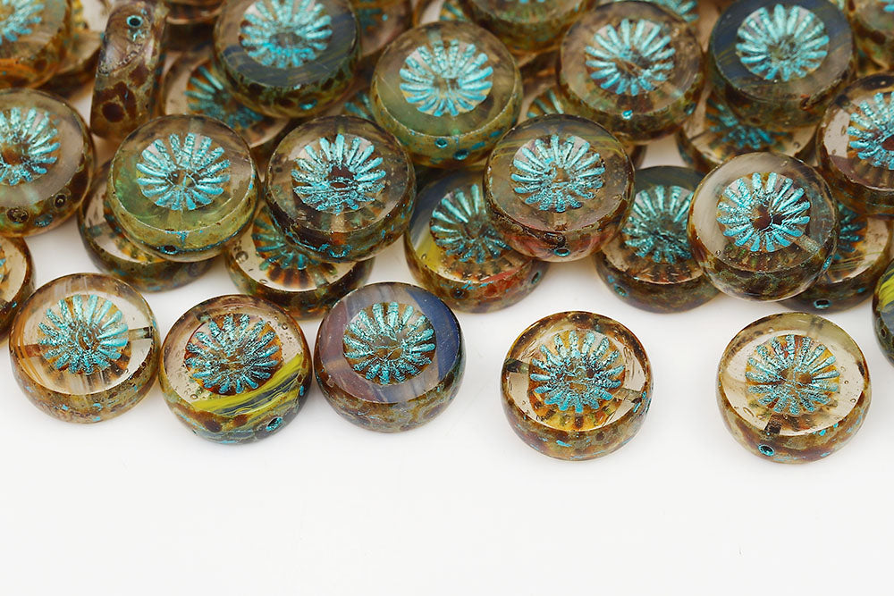 Kiwi Coins 12mm Crystal Yellow Mixed Travertin With Blue 1-Hole Czech Beads