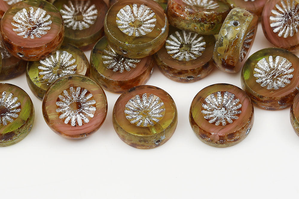 Kiwi Coins 12mm Green Pink Mixed Travertin With Silver 1-Hole Czech Beads