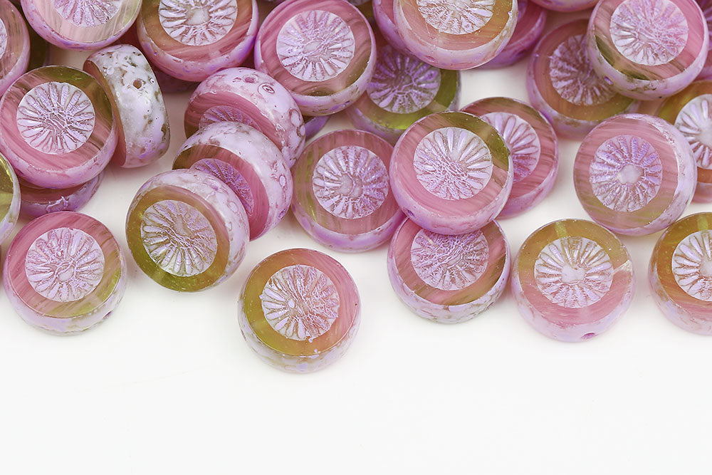 Kiwi Coins 12mm Green Pink Mixed Violet Finish 1-Hole Czech Beads