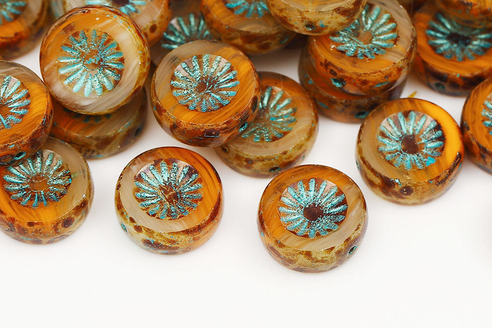 Kiwi Coins 12mm Opal White Orange Mixed Travertin With Blue 1-Hole Czech Beads