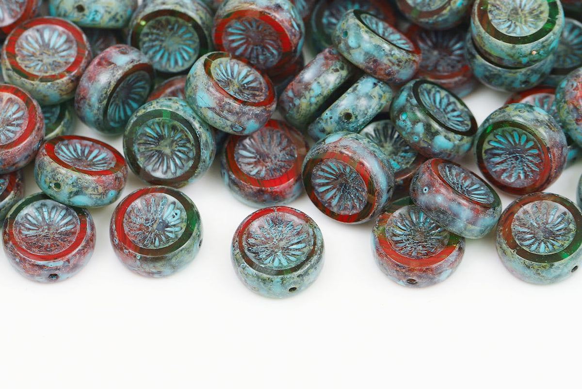 Kiwi Coins 12mm Red Green Mixed Aqua Finish 1-Hole Czech Beads