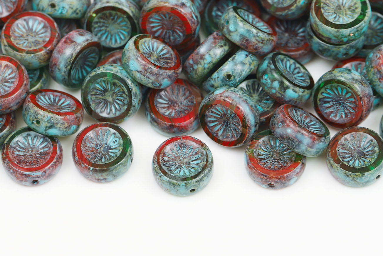 Kiwi Coins 12mm Red Green Mixed Aqua Finish 1-Hole Czech Beads