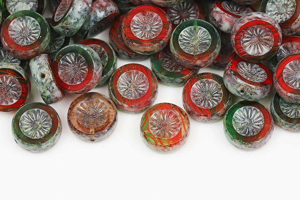 Kiwi Coins 12mm Red Green Mixed Gray Finish 1-Hole Czech Beads