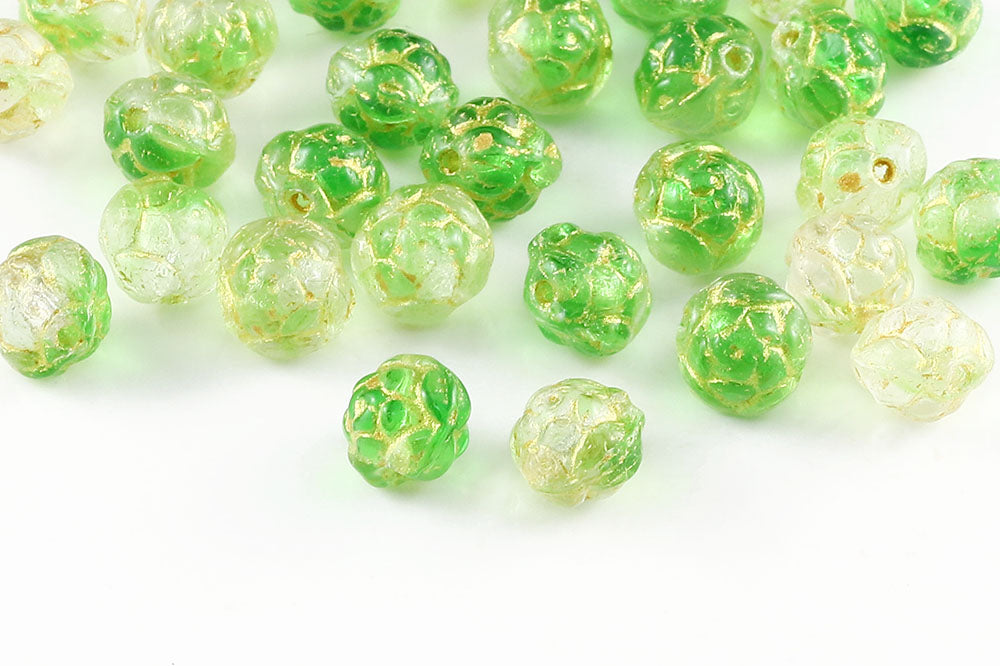 Rose Ball 7mm Crystal Green Mixed With Gold 1-Hole Czech Beads