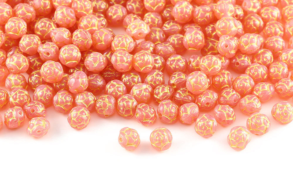 Rose Ball 7mm Opal Peach With Gold 1-Hole Czech Beads