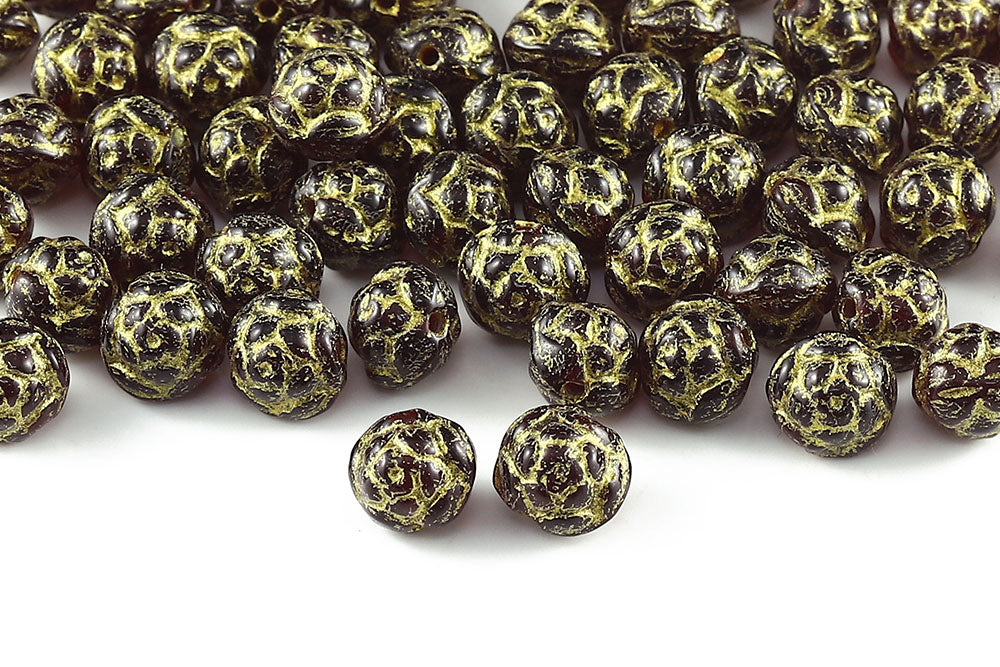 Rose Ball 7mm Siam With Gold 1-Hole Czech Beads