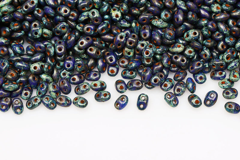 Miniduo 2×4mm Opaque Blue Travertin Dark 2-Hole Czech Beads
