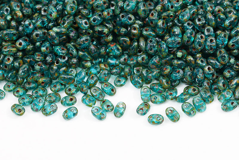Miniduo 2×4mm Aquamarine Travertin 2-Hole Czech Beads