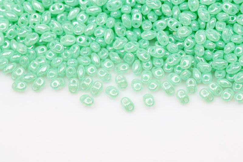 Miniduo 2×4mm Opal Green Aqua White Luster 2-Hole Czech Beads