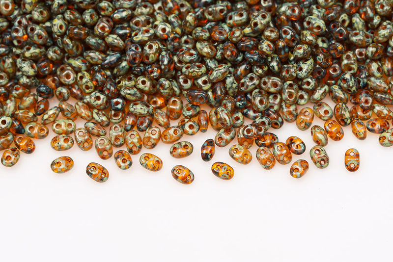 Miniduo 2×4mm Amber Travertin Dark 2-Hole Czech Beads