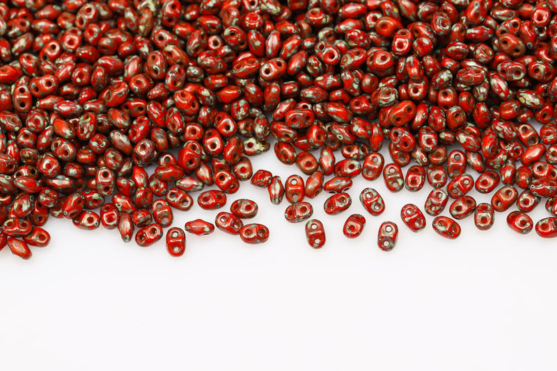 Miniduo 2×4mm Opaque Coral Red Travertin Dark 2-Hole Czech Beads